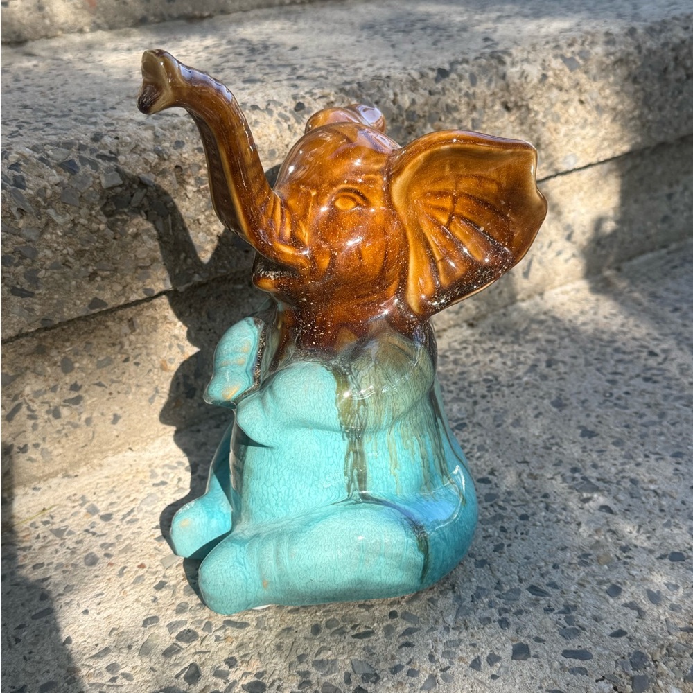 Glazed Ceramic Elephant in Turquoise and Brown